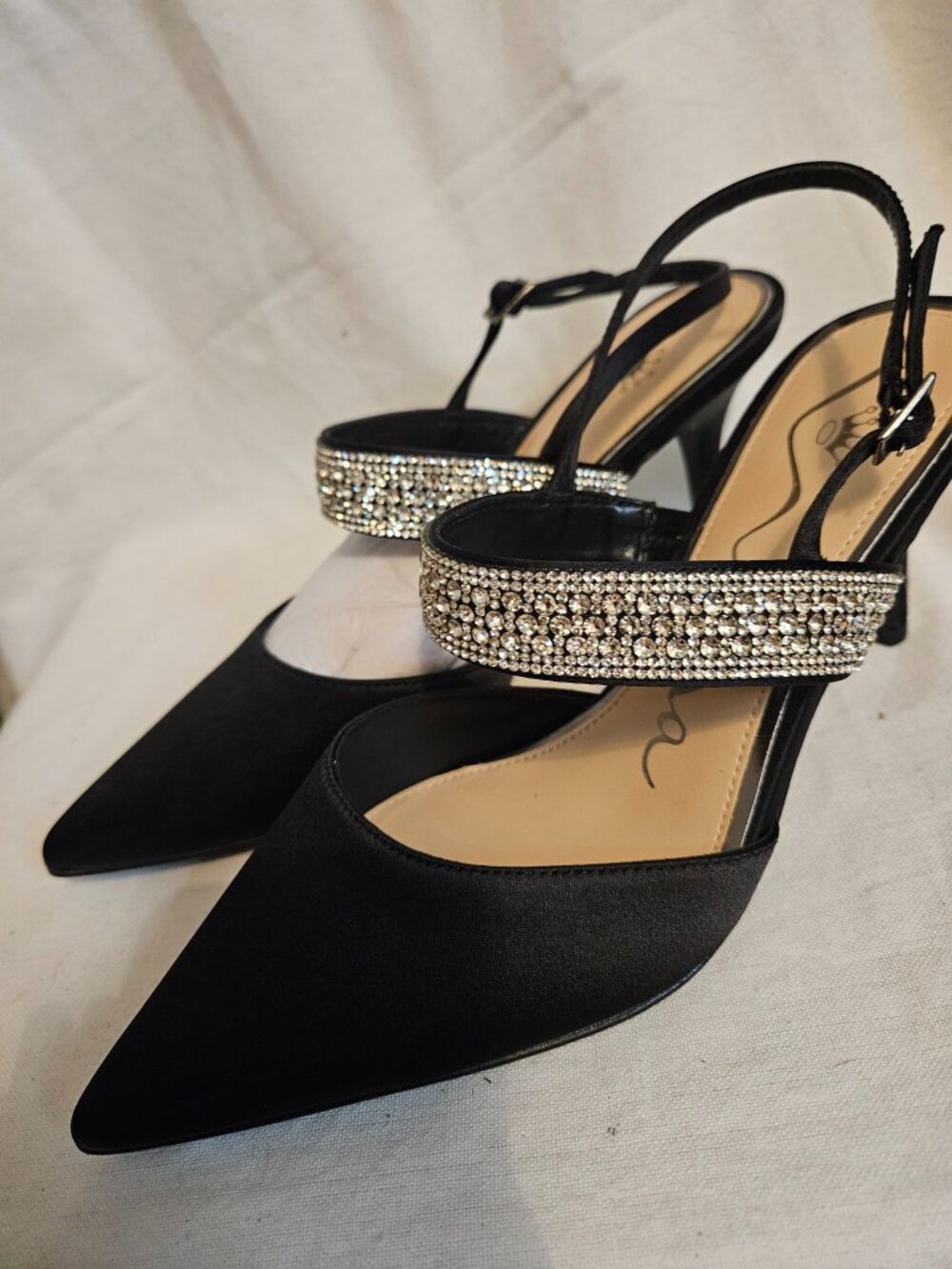Size 9 Nina Trista Black Luster Satin Slingback Pumps Crystal Strap